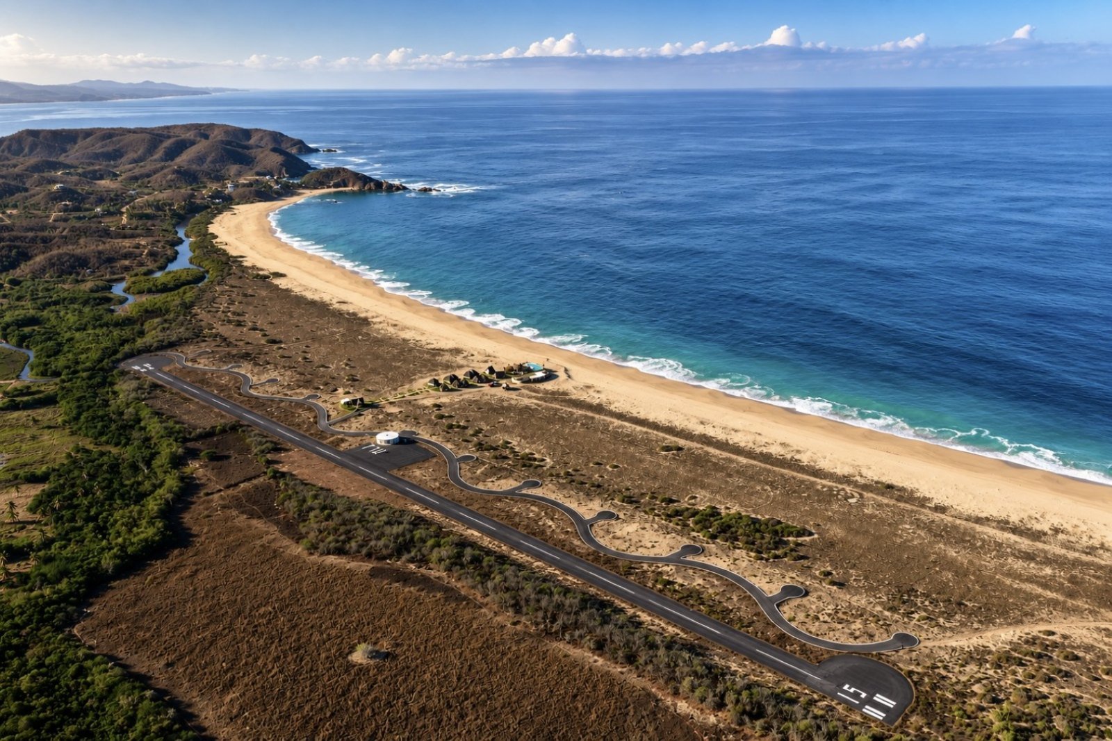 Vista aérea de la playa virgen de Mayto, en Costalegre, Jalisco, con la pista aérea del desarrollo junto al mar
